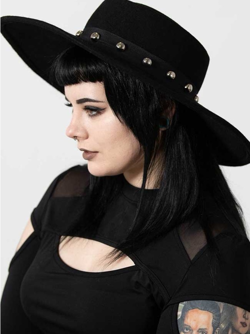 Killstar Black Wool Wide Brim Silver Studded Hat
